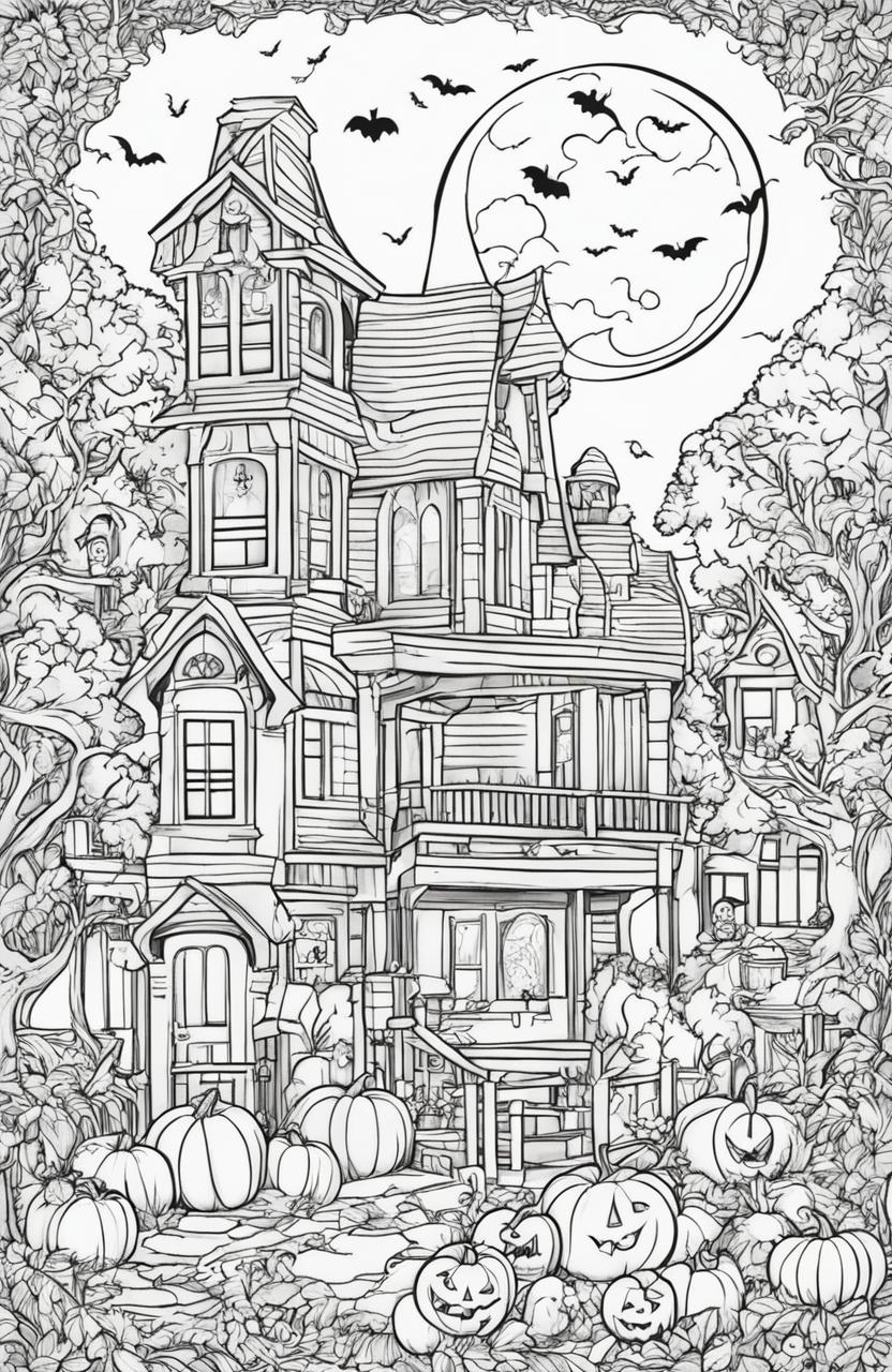 A Halloween colouring page featuring a grinning jack-o'-lantern, costumed children ready for trick-or-treating, a full moon with bats, a haunted house with ghosts, and a frame of gnarled trees with falling leaves