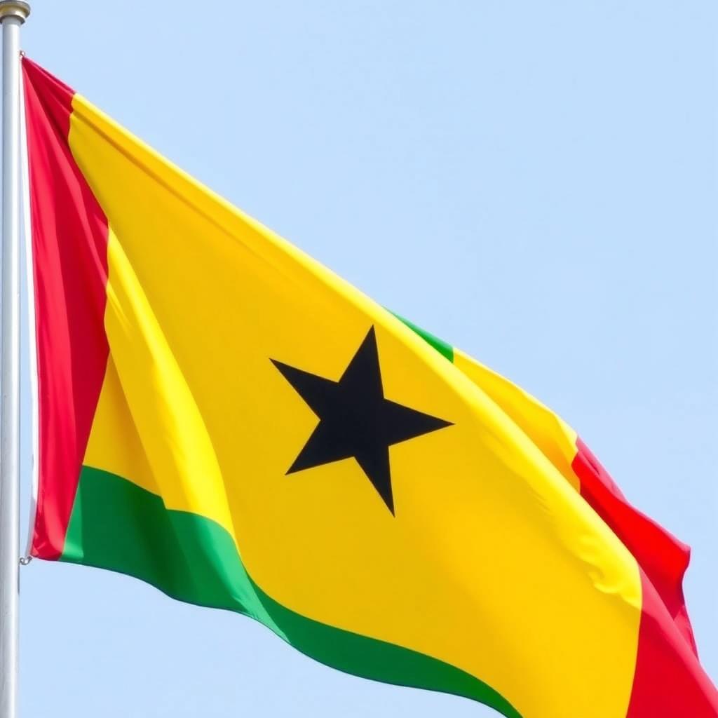 The flag of Ghana, featuring three horizontal stripes of red, yellow, and green, with a black star in the center of the yellow stripe