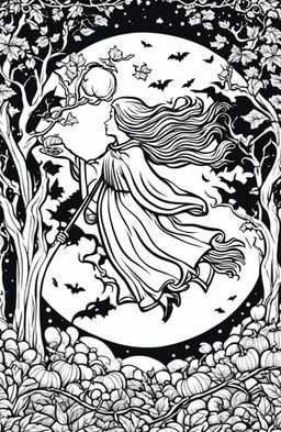 A Halloween colouring page featuring a flying witch on her broomstick, a full moon with bats, a landscape of gnarled trees and pumpkins, and an ornate border of vines and leaves