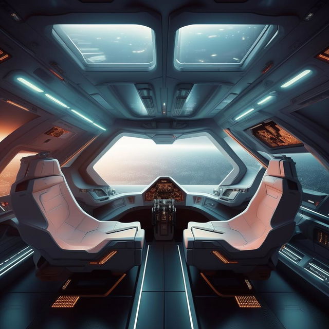 interior of futuristic fighter jet with roof panel demarcating front cabin from back cabin