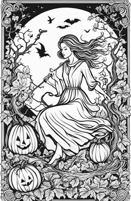 A Halloween colouring page featuring a flying witch on her broomstick, a full moon with bats, a landscape of gnarled trees and pumpkins, and an ornate border of vines and leaves