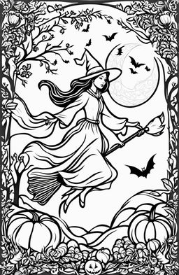 A Halloween colouring page featuring a flying witch on her broomstick, a full moon with bats, a landscape of gnarled trees and pumpkins, and an ornate border of vines and leaves