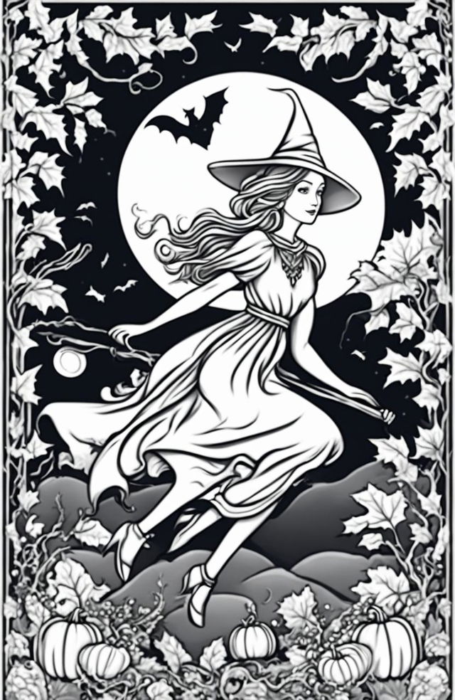 A Halloween colouring page featuring a flying witch on her broomstick, a full moon with bats, a landscape of gnarled trees and pumpkins, and an ornate border of vines and leaves