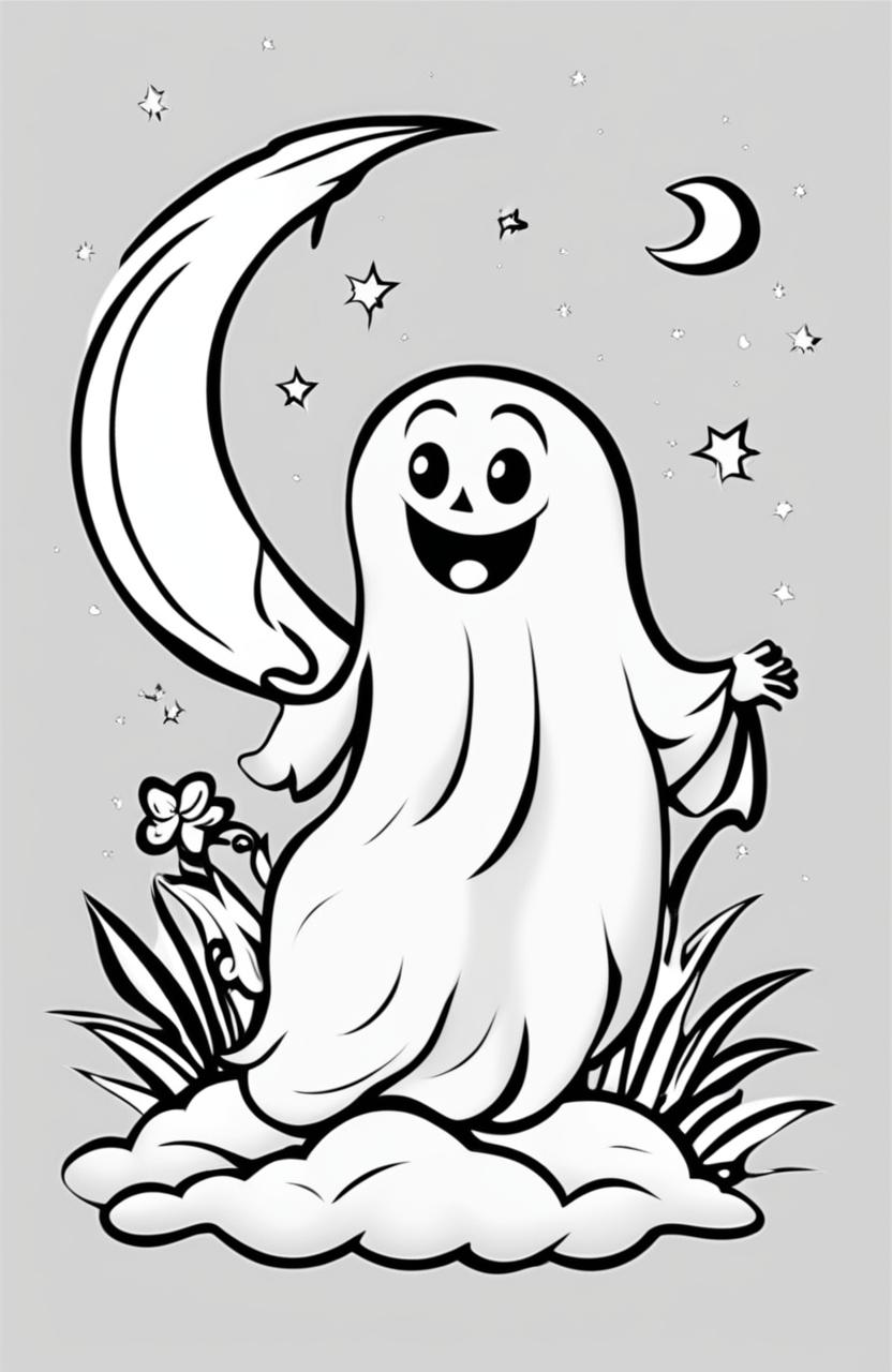 A simple Halloween colouring page featuring a friendly ghost, a small pumpkin, and a crescent moon.