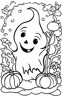 A simple Halloween colouring page featuring a friendly ghost, a small pumpkin, and a crescent moon.