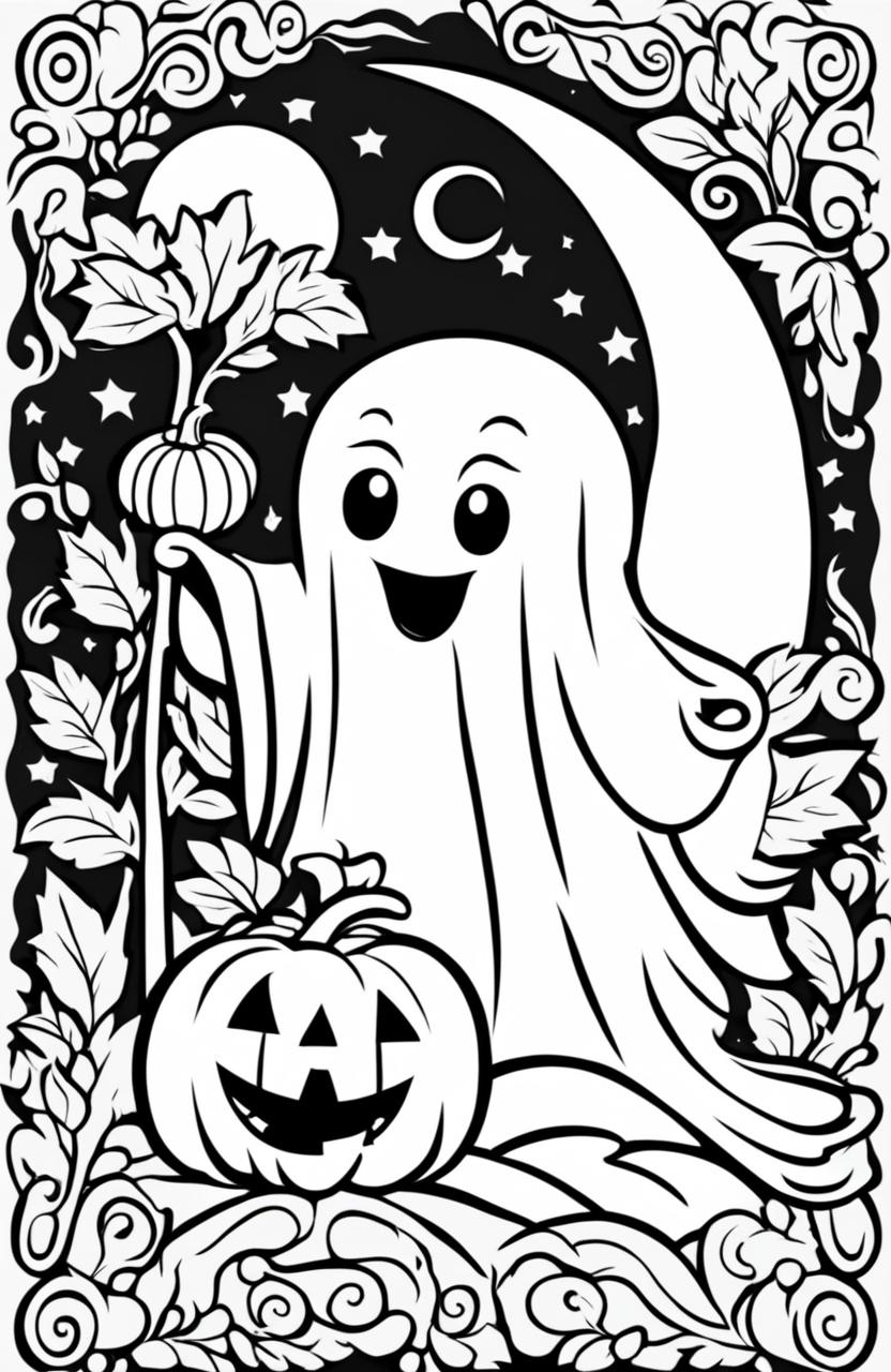 A simple Halloween colouring page featuring a friendly ghost, a small pumpkin, and a crescent moon.