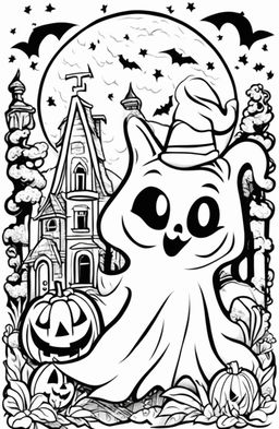 A children's coloring page featuring a friendly ghost in a playful Halloween scene with a jack-o'-lantern, a black cat, a haunted house, and a full moon