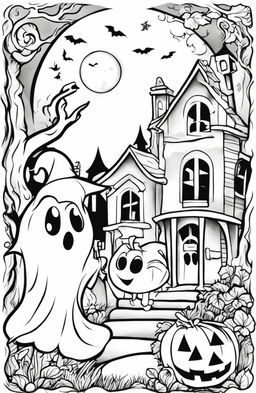 A children's coloring page featuring a friendly ghost in a playful Halloween scene with a jack-o'-lantern, a black cat, a haunted house, and a full moon