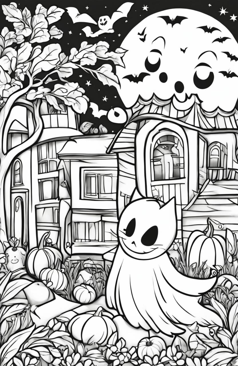 A children's coloring page featuring a friendly ghost in a playful Halloween scene with a jack-o'-lantern, a black cat, a haunted house, and a full moon