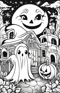 A children's coloring page featuring a friendly ghost in a playful Halloween scene with a jack-o'-lantern, a black cat, a haunted house, and a full moon