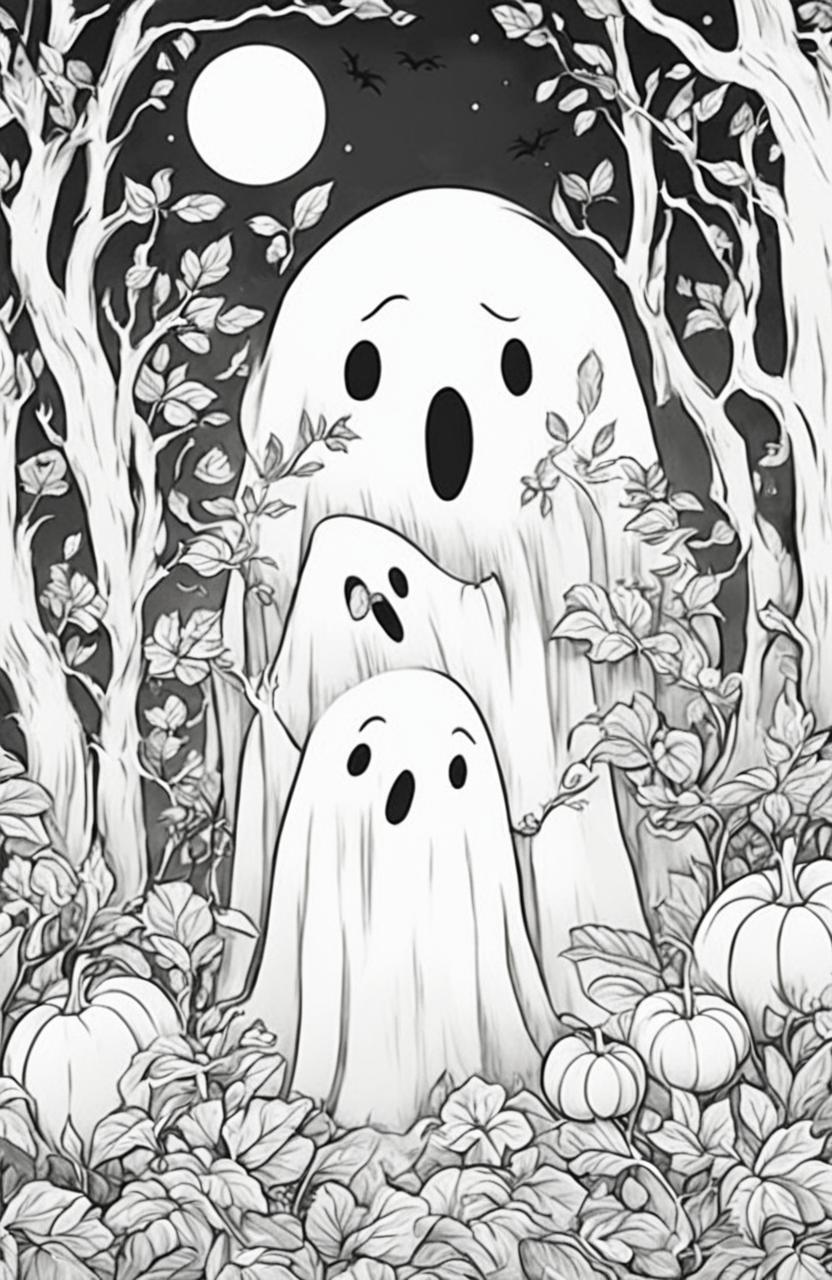 Studio Ghibli inspired Halloween coloring page featuring a ghost in a spooky forest with carved pumpkins, bats and a full moon