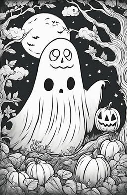 Studio Ghibli inspired Halloween coloring page featuring a ghost in a spooky forest with carved pumpkins, bats and a full moon