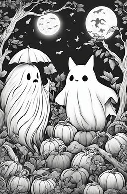 Studio Ghibli inspired Halloween coloring page featuring a ghost in a spooky forest with carved pumpkins, bats and a full moon