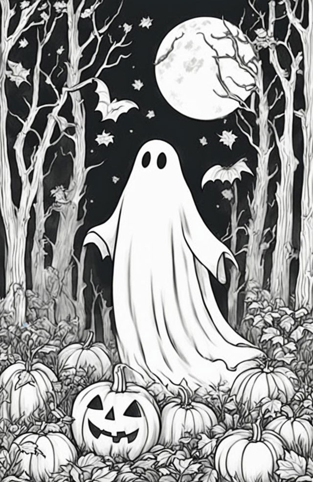 Studio Ghibli inspired Halloween coloring page featuring a ghost in a spooky forest with carved pumpkins, bats and a full moon