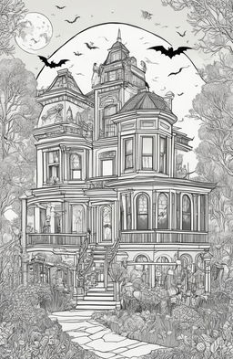 Wes Anderson inspired Halloween coloring page featuring a haunted mansion, quirky characters in costumes, and a moonlit autumn landscape