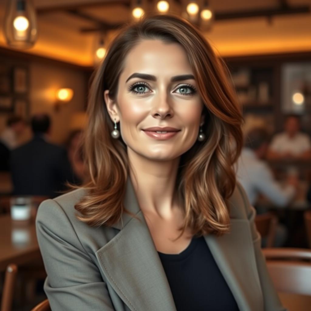 A woman aged between 30 and 35 years, characterized by chestnut brown hair and a distinctly European look, elegantly dressed in stylish clothing