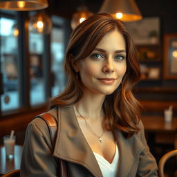 A woman aged between 30 and 35 years, characterized by chestnut brown hair and a distinctly European look, elegantly dressed in stylish clothing
