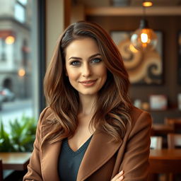 A woman aged between 30 and 35 years, characterized by chestnut brown hair and a distinctly European look, elegantly dressed in stylish clothing