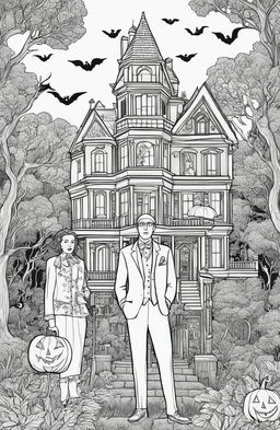 Wes Anderson inspired Halloween coloring page featuring a haunted mansion, quirky characters in costumes, and a moonlit autumn landscape