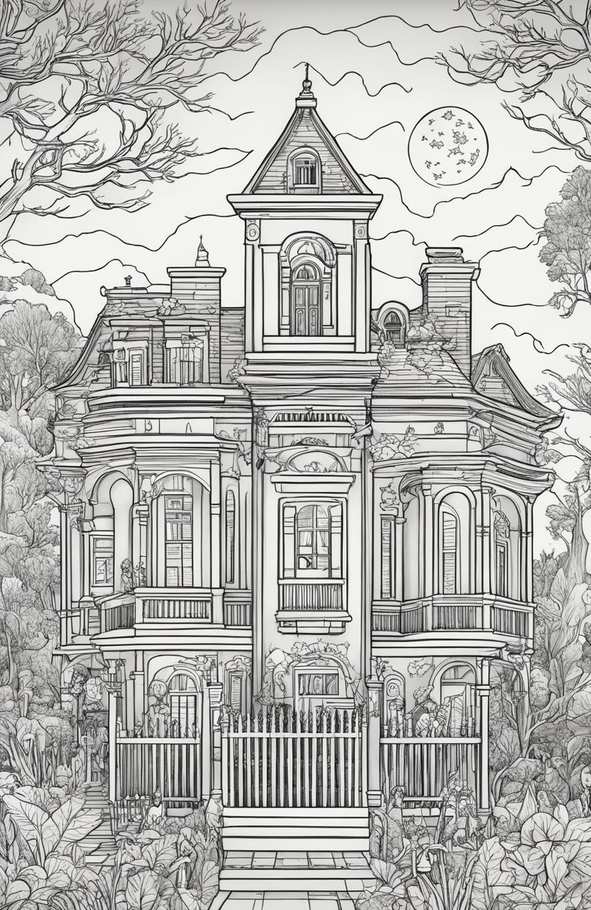 Wes Anderson inspired Halloween coloring page featuring a haunted mansion, quirky characters in costumes, and a moonlit autumn landscape