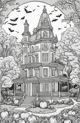 Wes Anderson inspired Halloween coloring page featuring a haunted mansion, quirky characters in costumes, and a moonlit autumn landscape