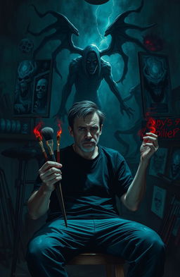 An introverted artist named Andy Silvario, with a worried expression, sits alone in his dimly lit studio, surrounded by unsettling artwork that reflects his disturbing dreams