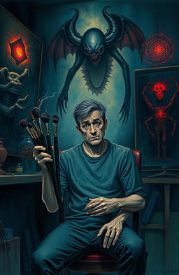 An introverted artist named Andy Silvario, with a worried expression, sits alone in his dimly lit studio, surrounded by unsettling artwork that reflects his disturbing dreams