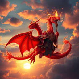 A powerful red dragon mage, soaring majestically through a vibrant sky