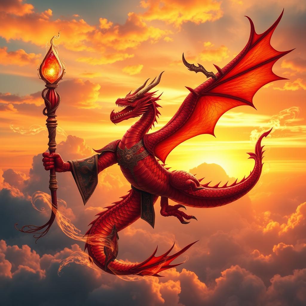 A powerful red dragon mage, soaring majestically through a vibrant sky