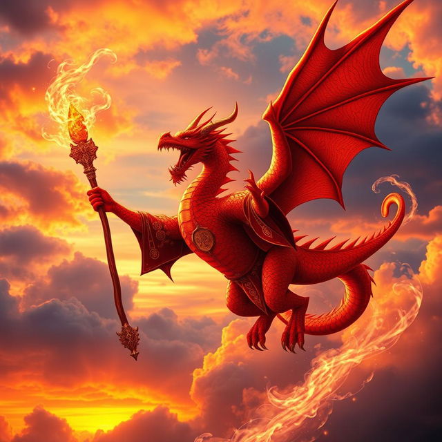 A powerful red dragon mage, soaring majestically through a vibrant sky