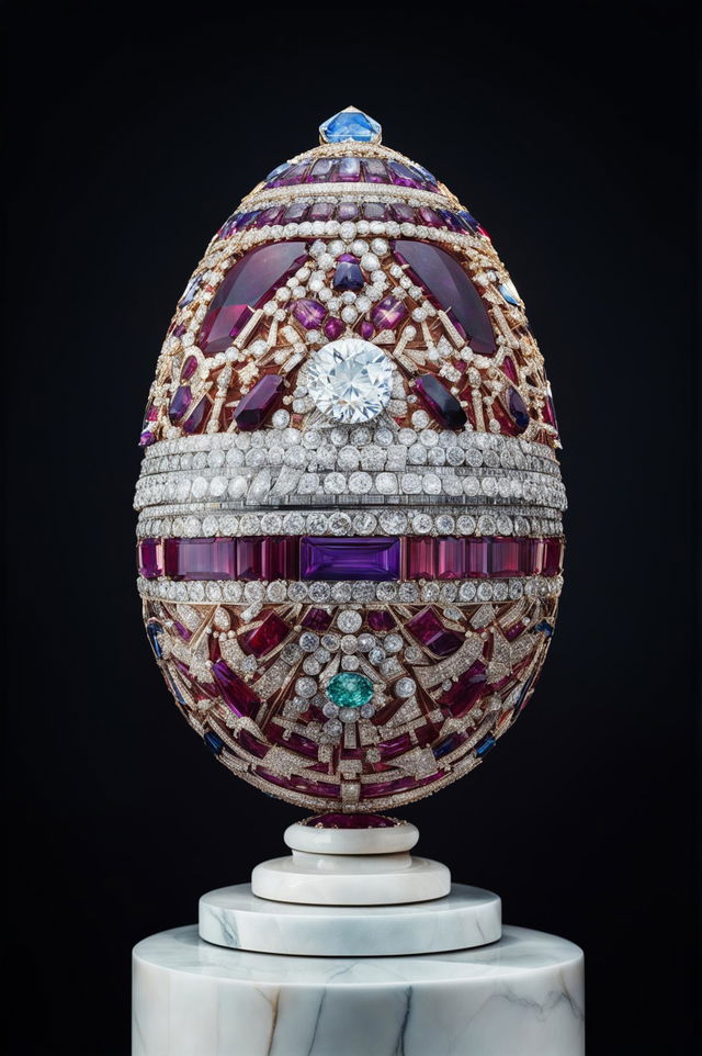 A dazzling Fabergé egg crafted from gold and adorned with precious gemstones stands on a marble pedestal against a dark background