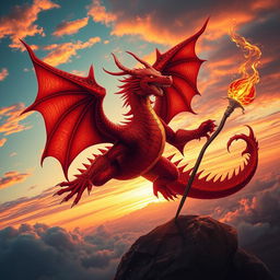 A powerful red dragon mage, soaring majestically through a vibrant sky