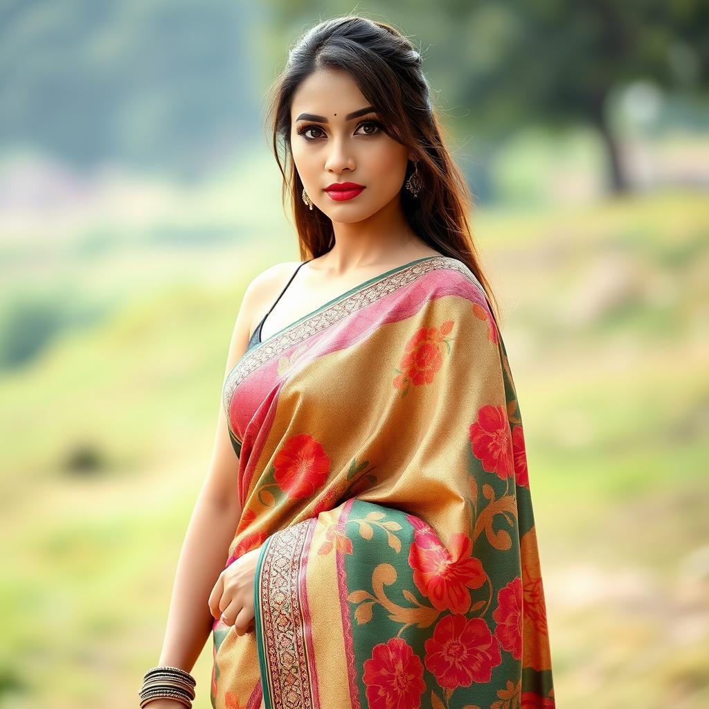 A beautiful woman wearing a traditional saree, gracefully draped around her