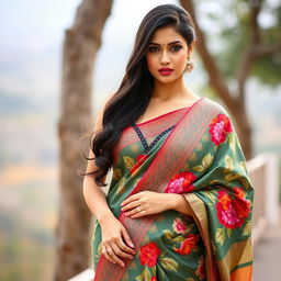A beautiful woman wearing a traditional saree, gracefully draped around her