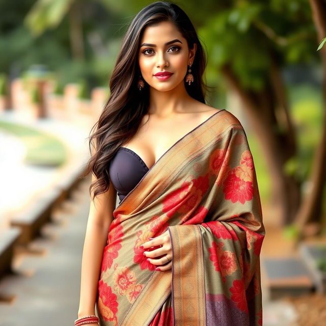 A beautiful woman wearing a traditional saree, gracefully draped around her