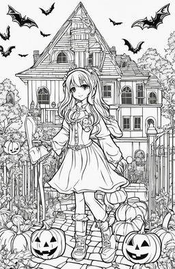 Anime-style Halloween coloring page featuring a girl in a witch costume, surrounded by spooky elements like jack-o'-lanterns, bats, and a haunted house