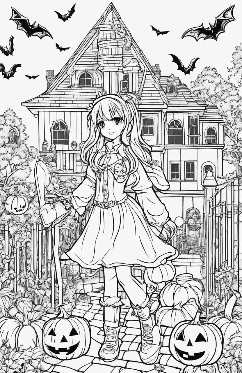 Anime-style Halloween coloring page featuring a girl in a witch costume, surrounded by spooky elements like jack-o'-lanterns, bats, and a haunted house