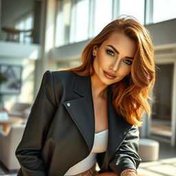 A woman aged between 30 and 35 years, showcasing chestnut brown hair and a European appearance, elegantly dressed in stylish and contemporary clothing