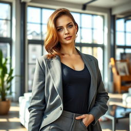A woman aged between 30 and 35 years, showcasing chestnut brown hair and a European appearance, elegantly dressed in stylish and contemporary clothing