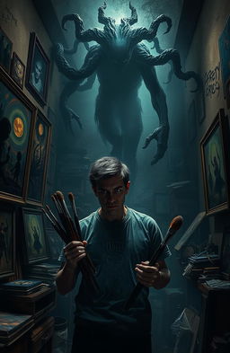 A hauntingly atmospheric scene depicting an introverted artist, Andy Silvario, surrounded by his artwork in a dimly lit, cluttered studio