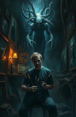 A hauntingly atmospheric scene depicting an introverted artist, Andy Silvario, surrounded by his artwork in a dimly lit, cluttered studio
