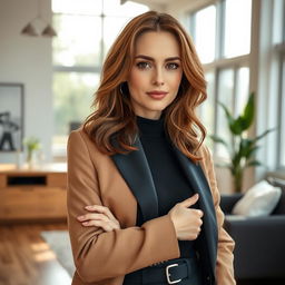 A woman aged between 30 and 35 years, showcasing chestnut brown hair and a European appearance, elegantly dressed in stylish and contemporary clothing