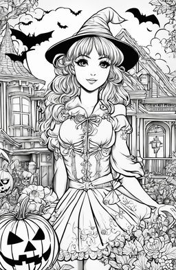 Anime-style Halloween coloring page featuring a girl in a witch costume, surrounded by spooky elements like jack-o'-lanterns, bats, and a haunted house