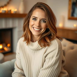 A woman aged between 30 and 35 years, featuring chestnut brown hair and a distinctly European appearance, wearing a cozy sweater