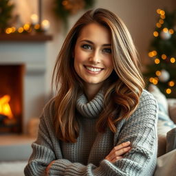 A woman aged between 30 and 35 years, featuring chestnut brown hair and a distinctly European appearance, wearing a cozy sweater