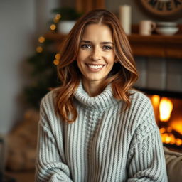 A woman aged between 30 and 35 years, featuring chestnut brown hair and a distinctly European appearance, wearing a cozy sweater
