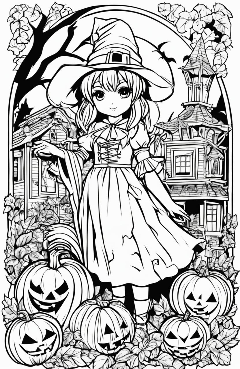 Anime-style Halloween coloring page featuring a girl in a witch costume, surrounded by spooky elements like jack-o'-lanterns, bats, and a haunted house