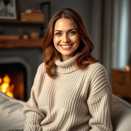A woman aged between 30 and 35 years, featuring chestnut brown hair and a distinctly European appearance, wearing a cozy sweater