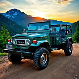A stunning and imaginative blend of a 1970 Toyota Land Cruiser 2F and a modern Jeep Wrangler, showcasing the ruggedness and vintage charm of both vehicles