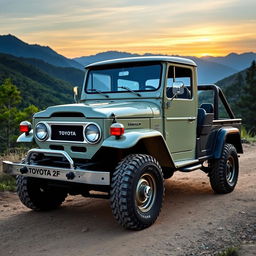 A stunning and imaginative blend of a 1970 Toyota Land Cruiser 2F and a modern Jeep Wrangler, showcasing the ruggedness and vintage charm of both vehicles